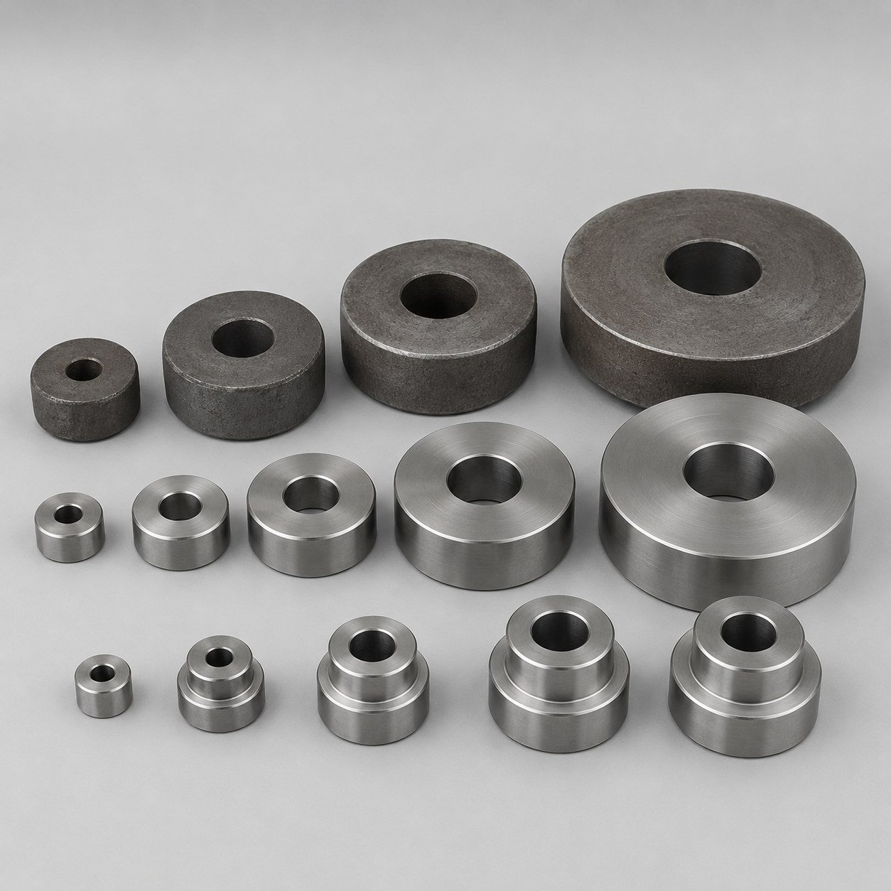 Raw forged and machined gear blanks arranged by size Raw forged and machined gear blanks arranged by size