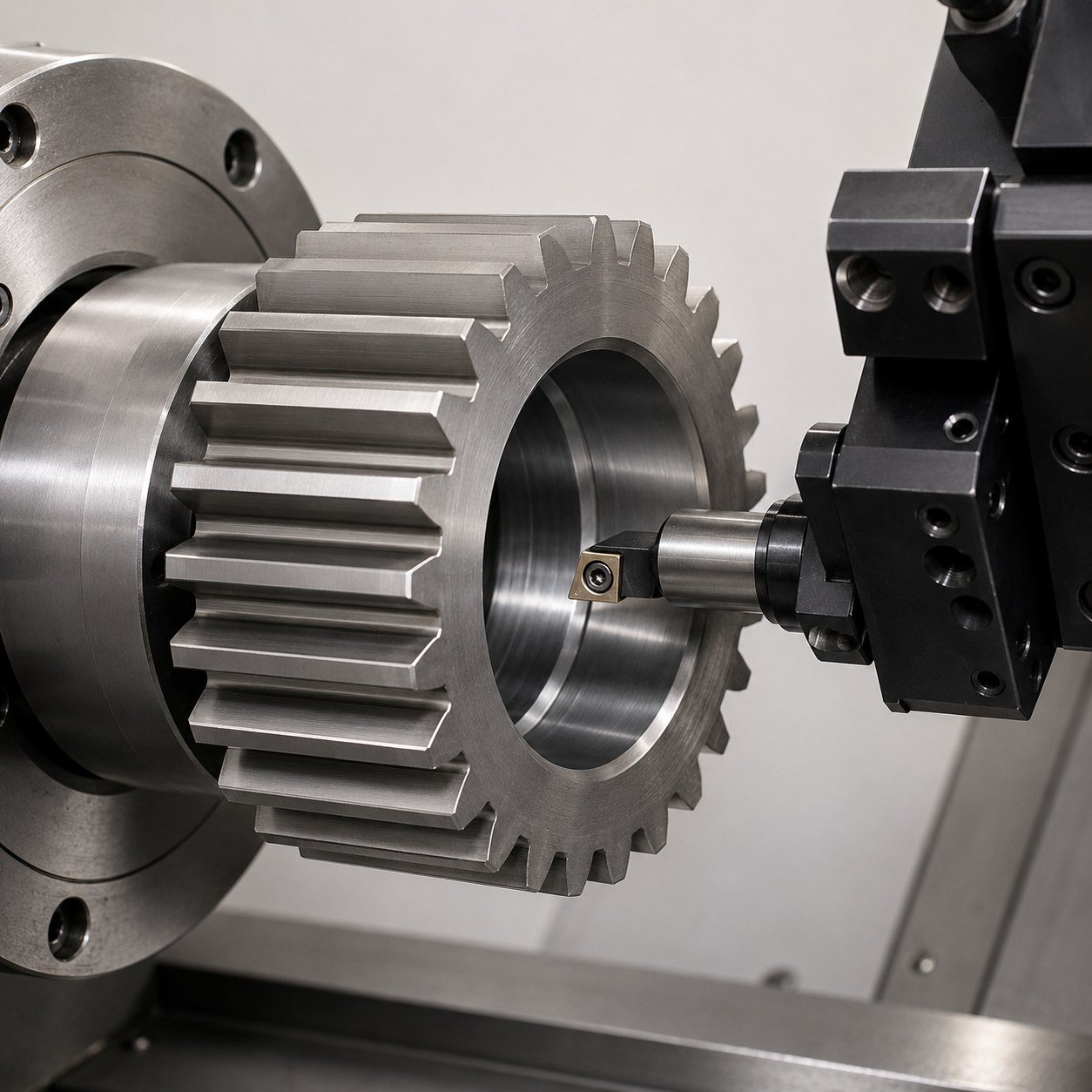 Turning and bore machining of a bevel gear blank Turning and bore machining of a bevel gear blank